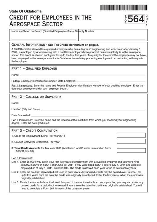 Fillable Form 564 - Credit For Employees In The Aerospace Sector - 2011 Printable pdf