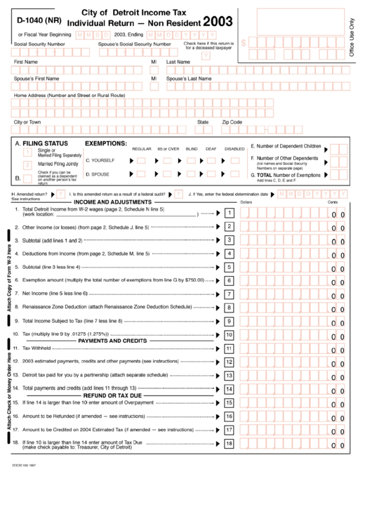 Form D-1040(Nr) - Individual Return-Non Resident - City Of Detroit Income Tax - 2003 Printable pdf