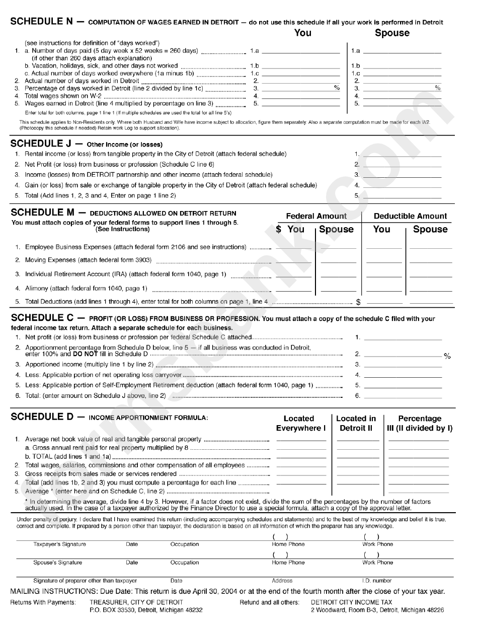Form D-1040(Nr) - Individual Return-Non Resident - City Of Detroit Income Tax - 2003
