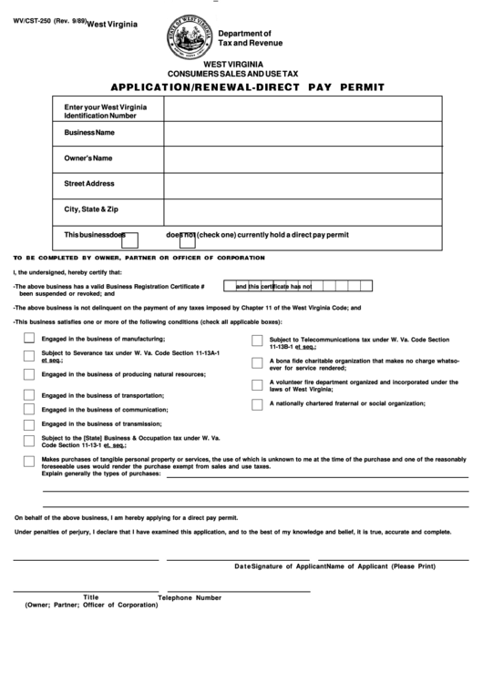 Fillable Form Wv/cst-250 - Application/renewal-Direct Pay Permit Printable pdf