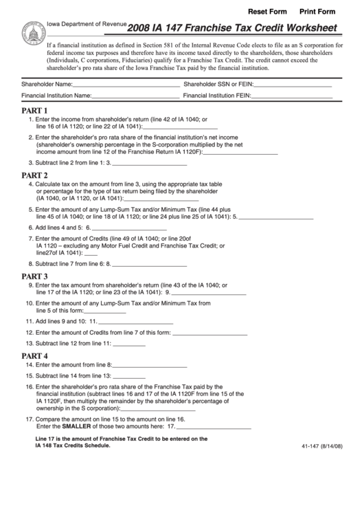 Fillable Form Ia 147 - Franchise Tax Credit Worksheet - 2008 Printable pdf