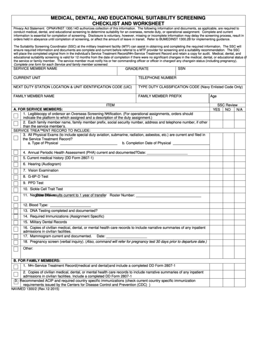 Form Navmed 1300/2 - Medical, Dental, And Educational Suitability Screening Checklist And Worksheet