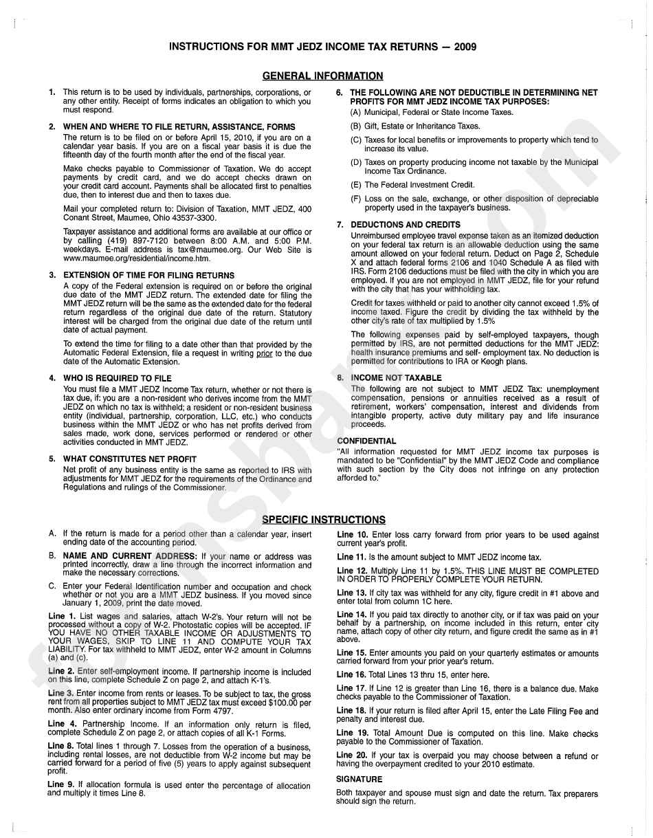 Computation Of Estimated Tax Worksheet - City Of Maumee - 2010