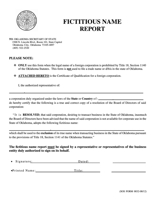 Fillable Sos Form 0032 - Fictitious Name Report - Oklahoma Secretary Of State Printable pdf