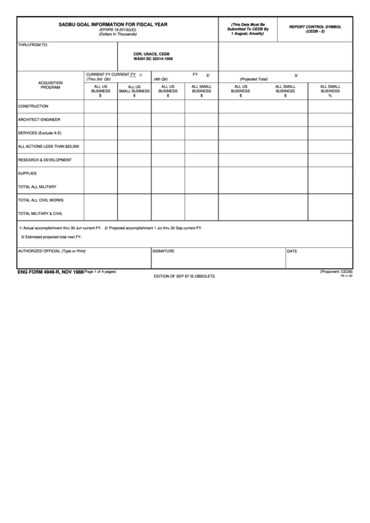 Fillable Eng Form 4949-R - Sadbu Goal Information - U.s. Army Corps Of Engineers Printable pdf