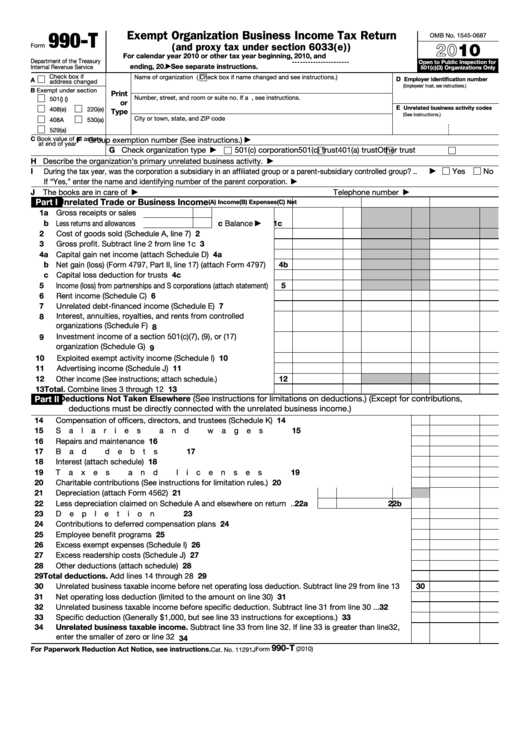 Fillable Form 990-T - Exempt Organization Business Income Tax Return - 2010 Printable pdf