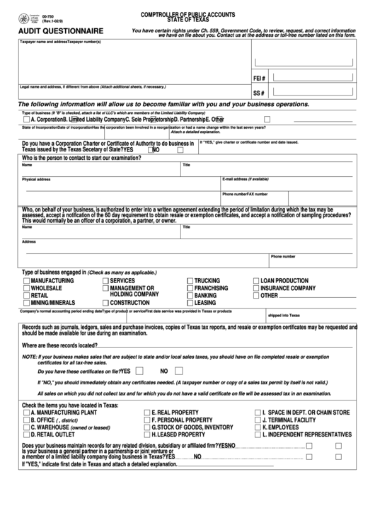 Fillable Form 00-750 - Audit Questionnaire Printable pdf