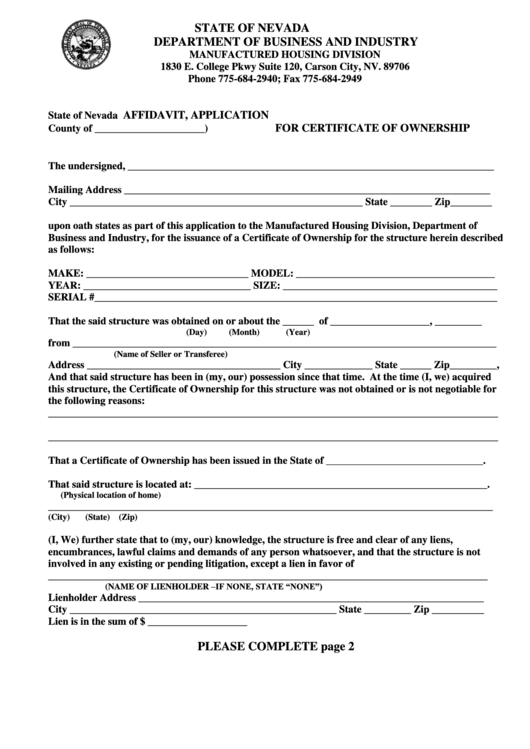 Fillable Affidavit, Application For Certificate Of Ownership - State Of Nevada - Department Of Business And Industry - Manufactured Housing Division Printable pdf
