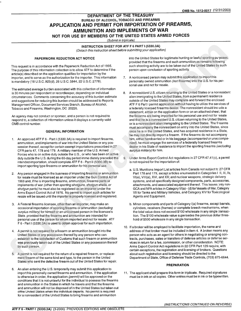 Instruction Sheet For Form Atf F6 Part I - Application And Permit For Importation Of Firearms, Ammunition And Implements Of War
