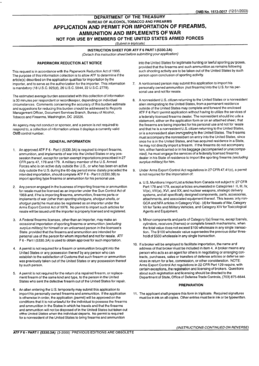 Instruction Sheet For Form Atf F6 Part I - Application And Permit For Importation Of Firearms, Ammunition And Implements Of War Printable pdf
