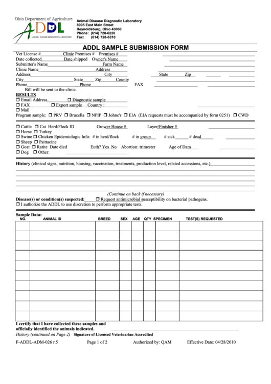 Fillable Form F-Addl-Adm-026 - Addl Sample Submission - Animal Disease Diagnostic Laboratory Printable pdf