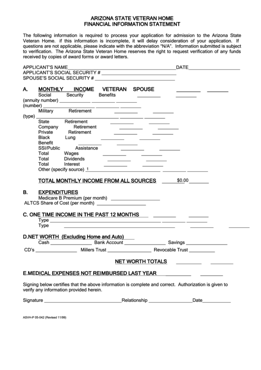 Fillable Form Asvh-P 05-042 - Financial Information Statement - Arizona State Veteran Home Printable pdf