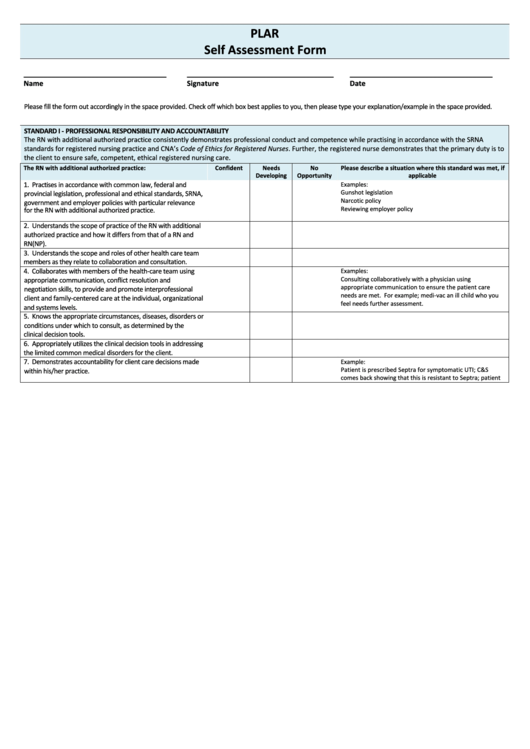 Plar Self Assessment Form Printable pdf