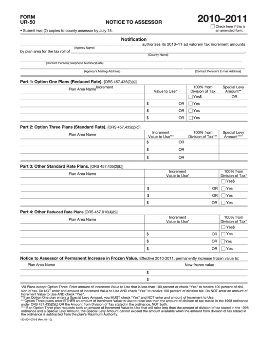 Fillable Form Ur-50 - Notice To Assessor - 2010-2011 Printable pdf