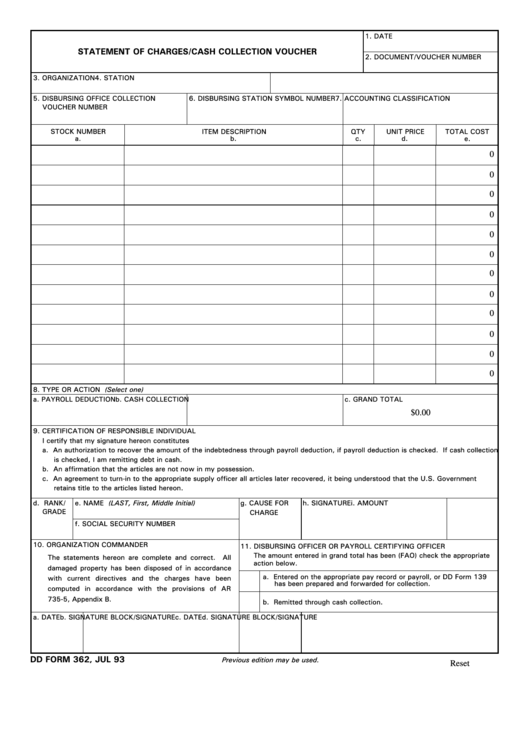 Fillable Dd Form 362 - Statement Of Charges/cash Collection Voucher Printable pdf