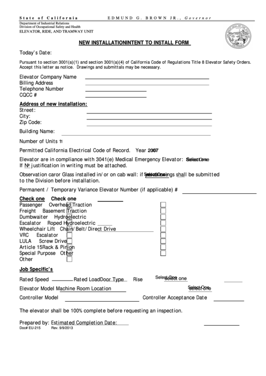 Fillable Form Eu-215 - New Installation Intent To Install Form Printable pdf