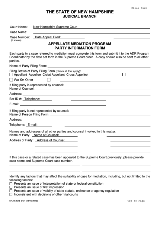 Form Nhjb-2615-sup - Appellate Mediation Program - Party Information Form - New Hampshire Supreme Court