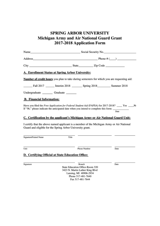 Michigan Army And Air National Guard Grant Application Form - 2017-2018 Printable pdf