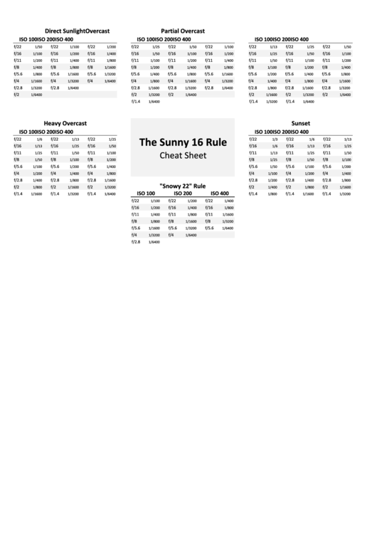 The Sunny 16 Rule Cheat Sheet Printable pdf