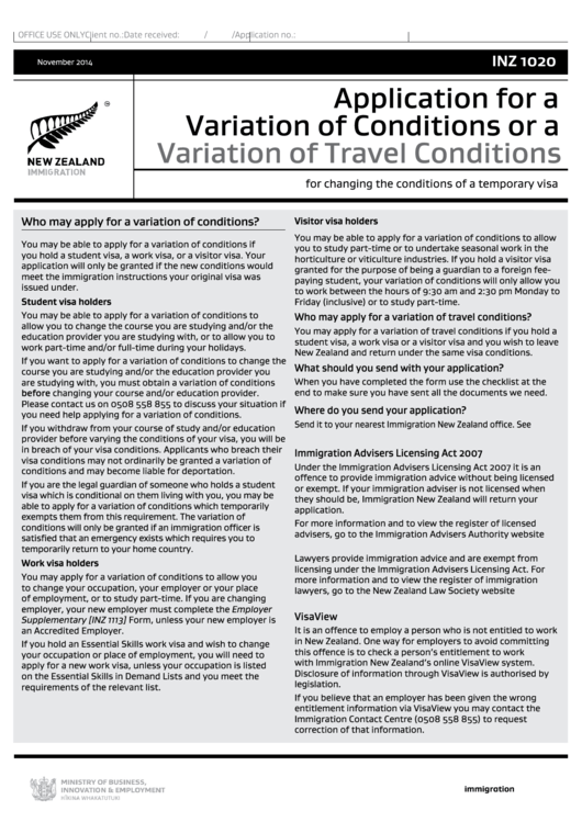 Form Inz 1020 - Application For A Variation Of Conditions Or A Variation Of Travel Conditions Printable pdf