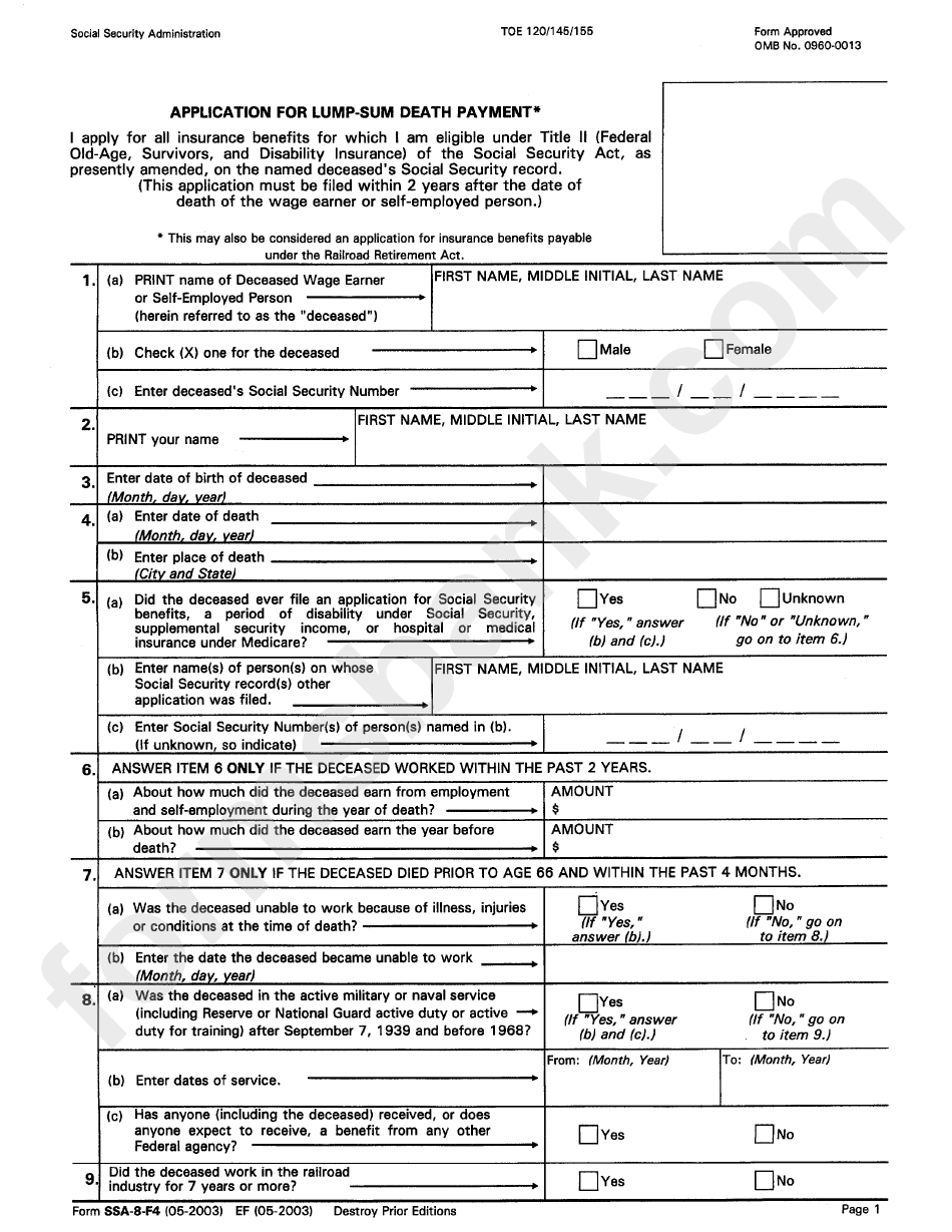 Form Ssa-8-F4 - Application For Lump-Sum Death Payment