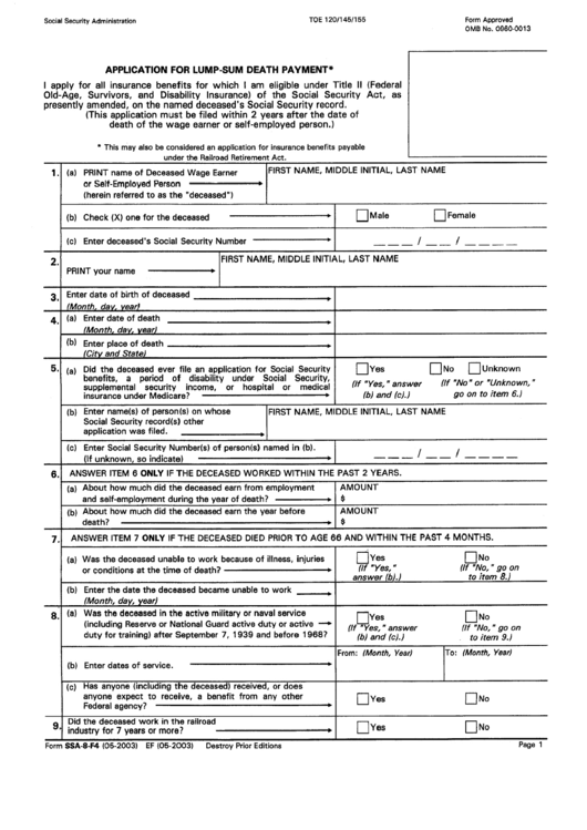 Form Ssa-8-F4 - Application For Lump-Sum Death Payment Printable pdf