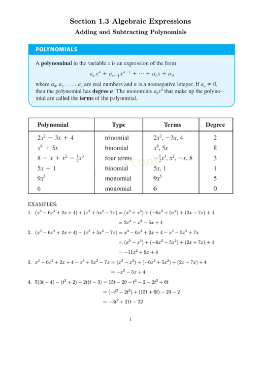 Section 1.3 Algebraic Expressions Adding And Subtracting Polynomials Printable pdf