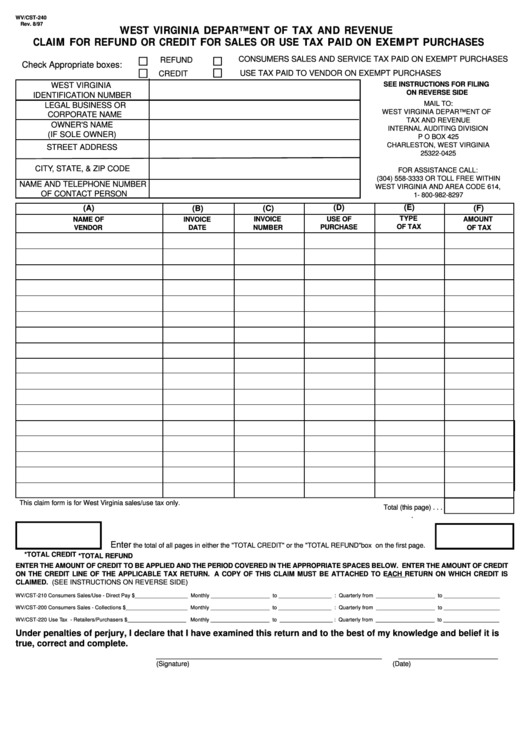 Fillable Form Wv/cst-240 - Claim For Refund Or Credit For Sales Or Use Tax Paid On Exempt Purchases Printable pdf