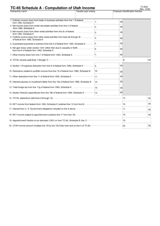 Form Tc-65 - Schedule A - Computation Of Utah Income Printable pdf