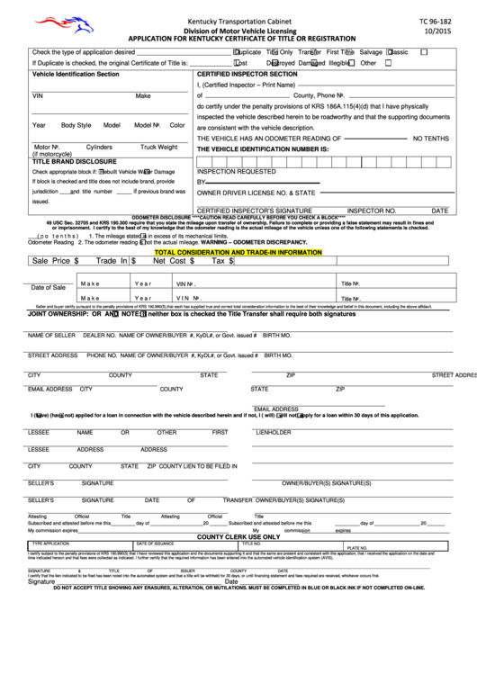 Fillable Form Tc 96-182 - Application For Kentucky Certificate Of Registration Printable pdf