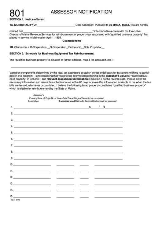 Fillable Form 801 - Assessor Notification Printable pdf