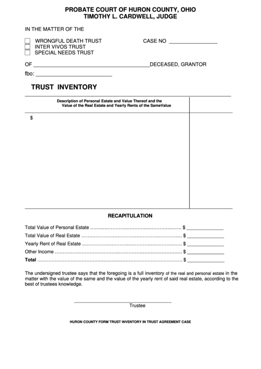 Fillable Trust Inventory - Probate Court Of Huron County, Ohio Printable pdf