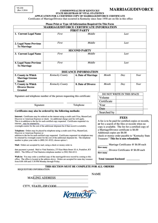 Fillable Form Vs-230 - Application For A Certified Copy Of Marriage/divorce Certificate Printable pdf