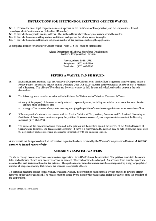 Form 07-6131 - Petition For Executive Officer Waiver Printable pdf
