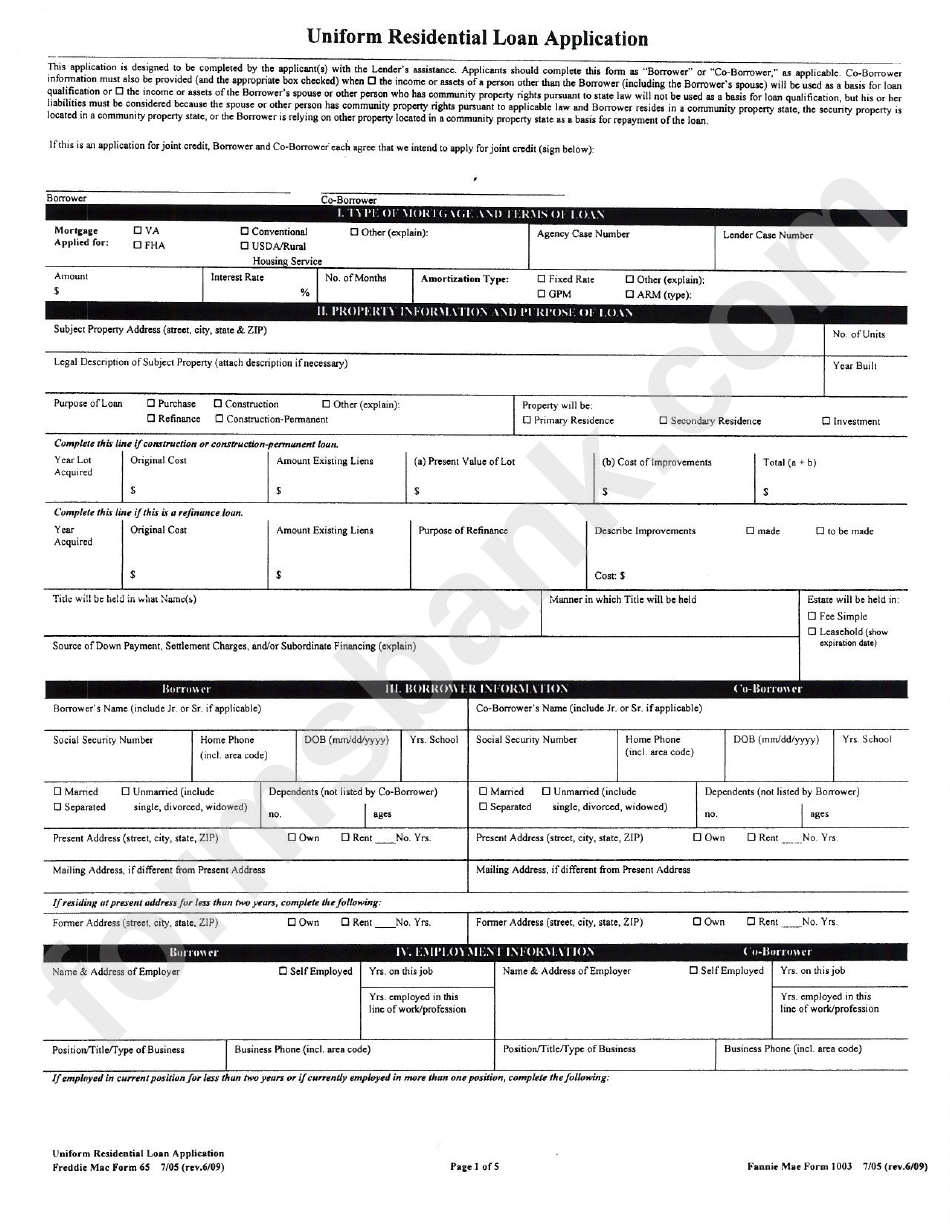 Form 65 - Uniform Residential Loan Application printable pdf download