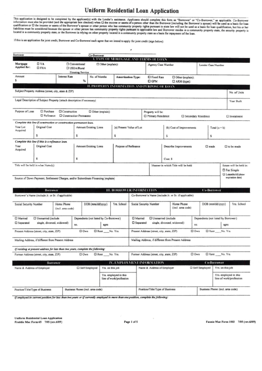 Form 65 - Uniform Residential Loan Application Printable pdf