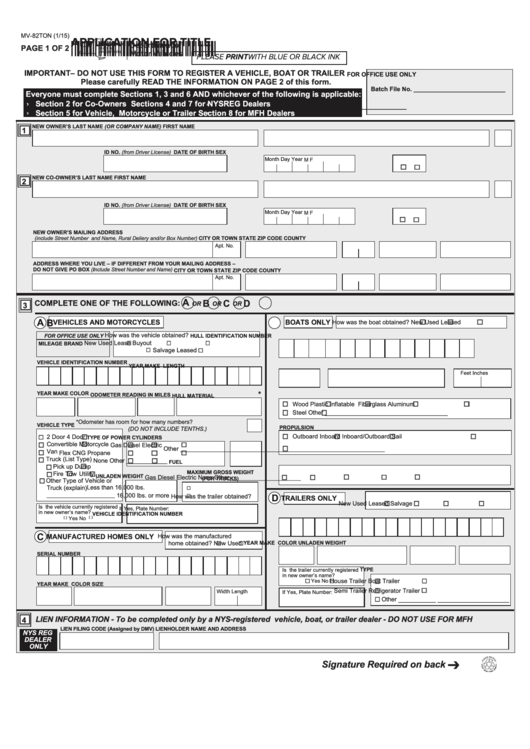 Fillable Form Mv-82ton - Applcation For Title Printable pdf