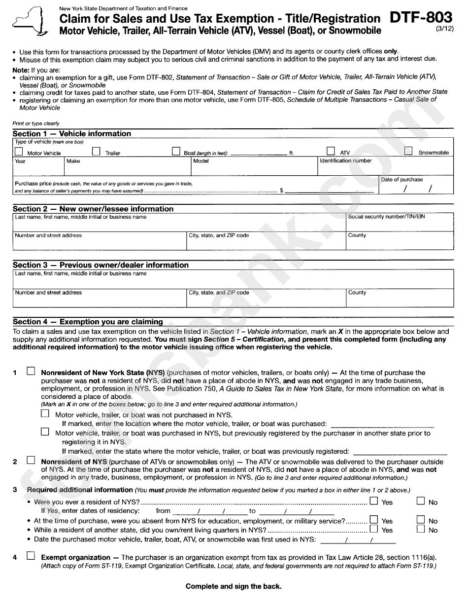 Form Dtf-803 - Claim For Sales And Use Tax Exemption - Title/registration - Motor Vehicle, Trailer, All-Terrain Vehicle (Atv), Vessel (Boat), Or Snowmobile
