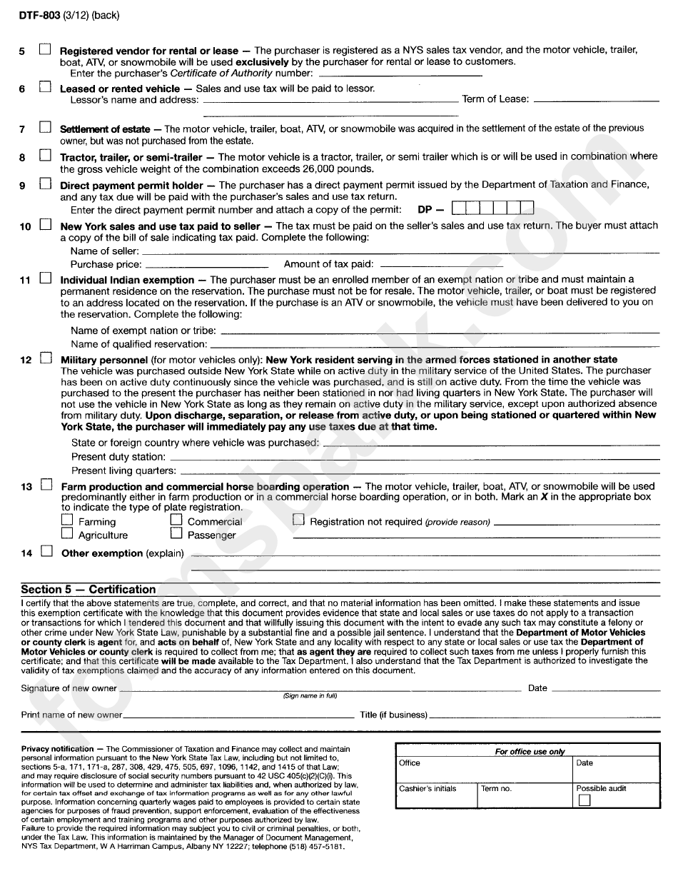 Form Dtf-803 - Claim For Sales And Use Tax Exemption - Title/registration - Motor Vehicle, Trailer, All-Terrain Vehicle (Atv), Vessel (Boat), Or Snowmobile