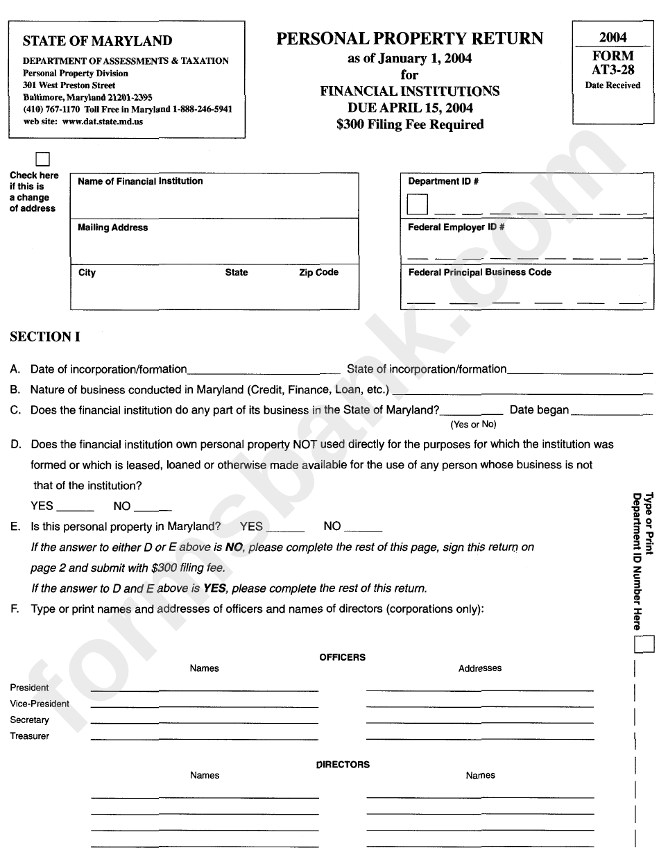 Form At3-28 - Personal Property Return - 2004