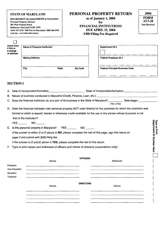 Form At3-28 - Personal Property Return - 2004 Printable pdf