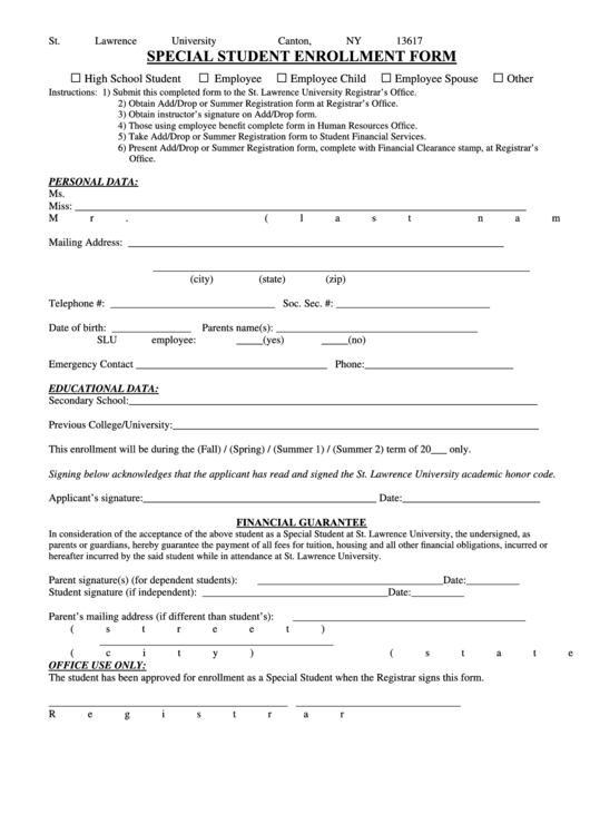 Special Student Enrollment Form Printable pdf