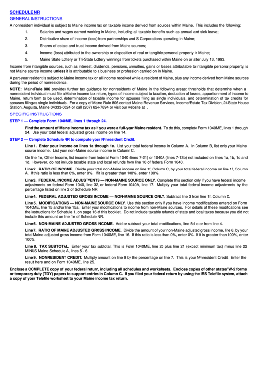 Schedule Nr - General Instructions Printable pdf
