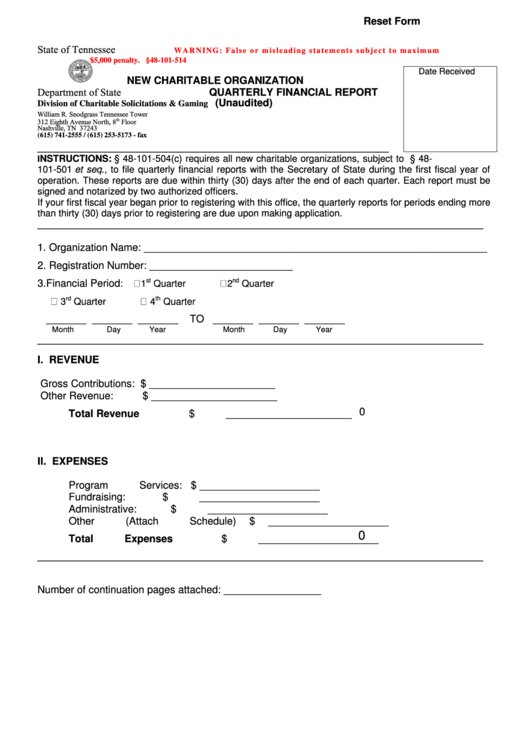 Fillable Form Ss - 6039 - New Charitable Organization Quarterly Financial Report (Unaudited) Printable pdf