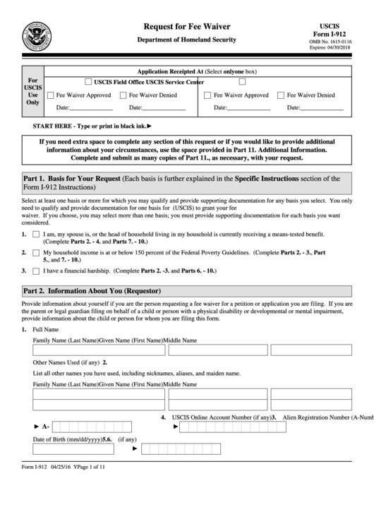 Fillable Form I-912 - Request For Fee Waiver - U.s. Citizenship And Immigration Services Printable pdf