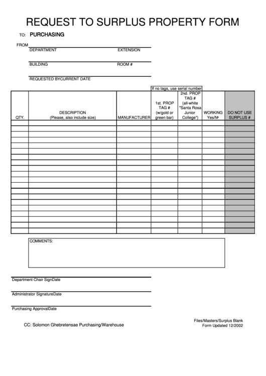 Request To Surplus Property Form Printable pdf