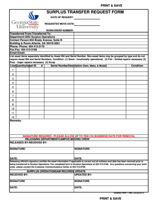 Fillable Surplus Transfer Request Form Printable pdf