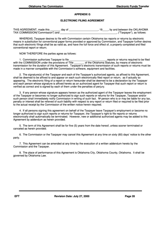 Form Eft - Appendix G - Electronic Filing Agreement Printable pdf