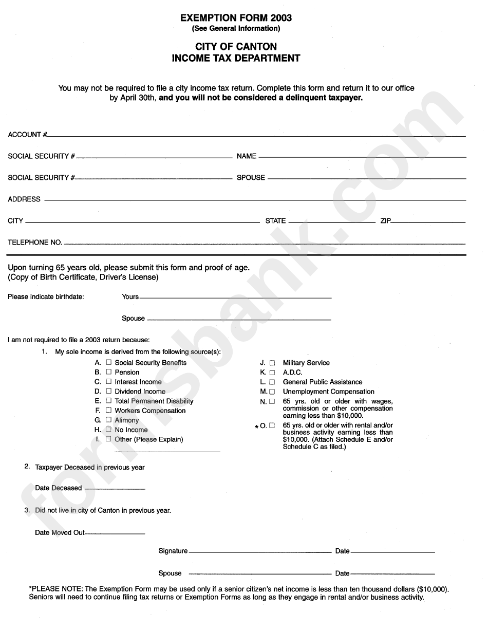 Exemption Form 2003 - City Of Canton Income Department