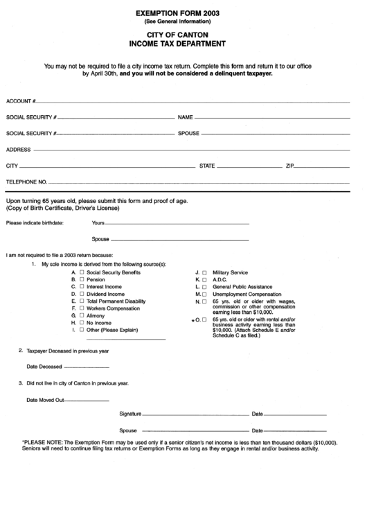 Exemption Form 2003 - City Of Canton Income Department Printable pdf